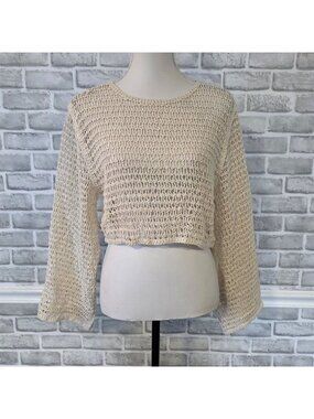 Veveret Cream Cotton Open Weave Crop Sweater Long Sleeve Boho Beach NWT m/l